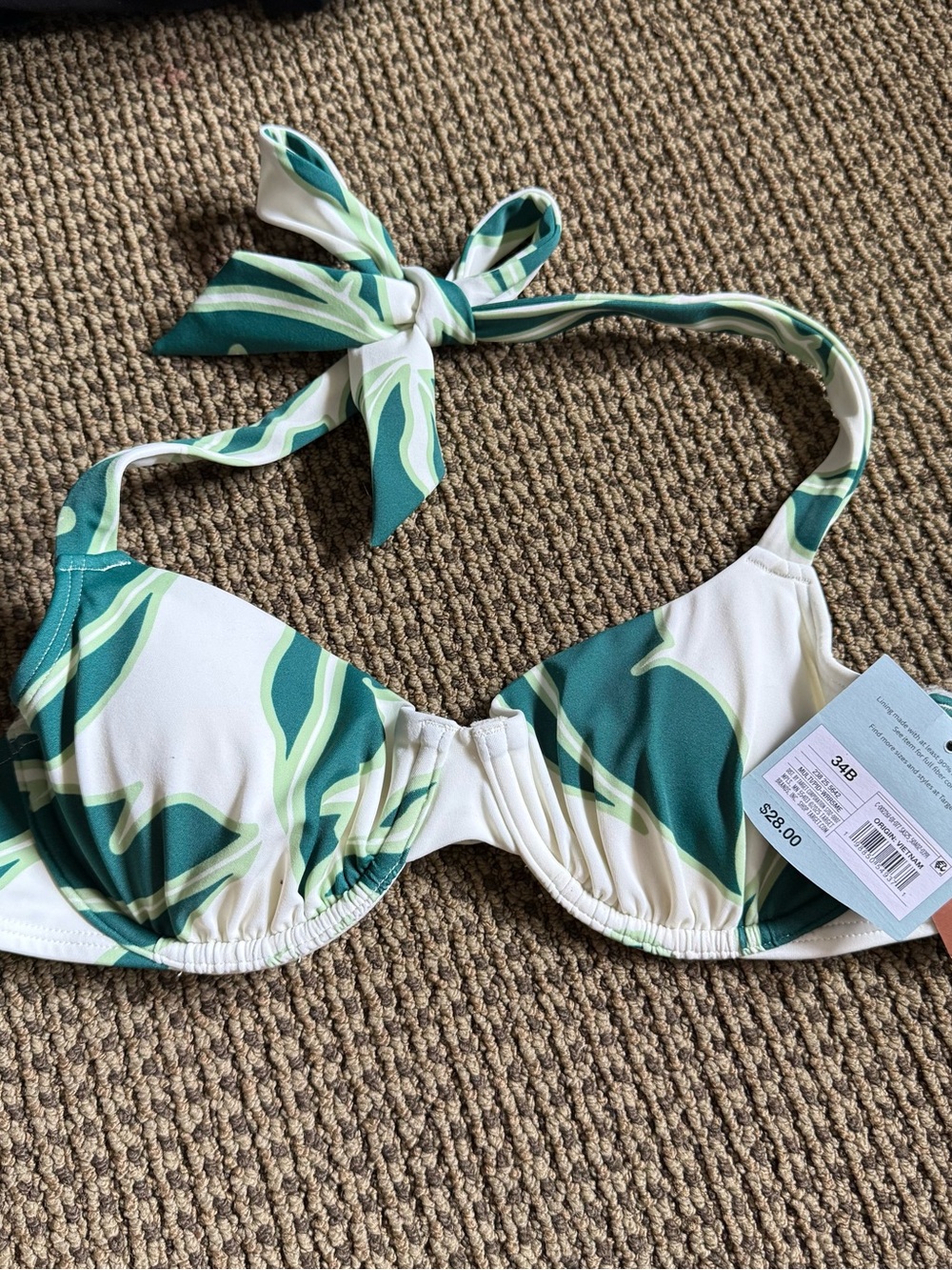Shade & Shore Green and White Leaf Print Bikini Top